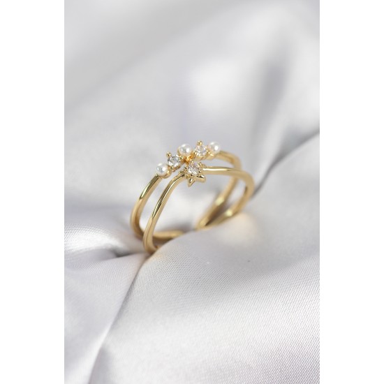 Gold Renk İncili Yıldız Model Zirkon Taşlı Kadın Yüzük - TJ-BYK4101