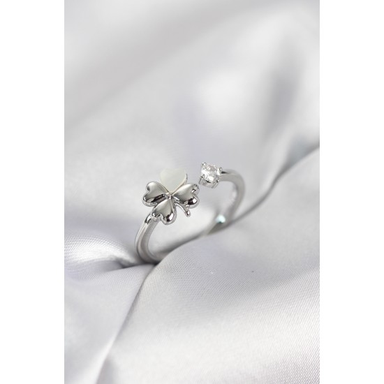 Gümüş Renk Yonca Model Sedefli Kadın Yüzük - TJ-BYK4102