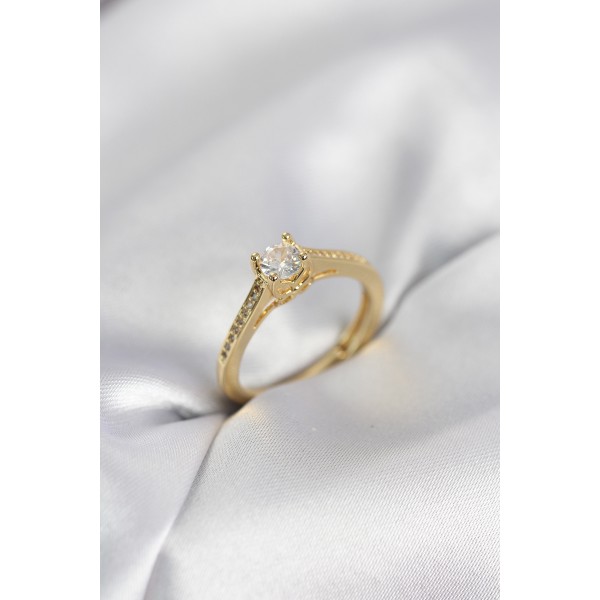 Tek Taş Gold Renk Zirkon Taşlı Model Kadın Yüzük - TJ-BYK4105