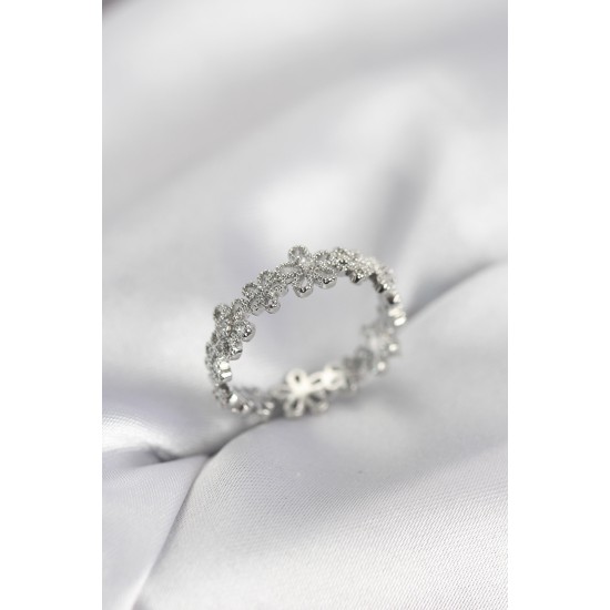 Gümüş Renk Sıralı Çiçek Model Zirkon Taşlı Kadın Yüzük - TJ-BYK4108