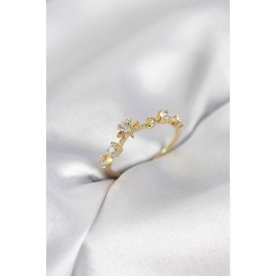 Gold Renk Gece Temalı Zirkon Taşlı Kadın Yüzük - TJ-BYK4111