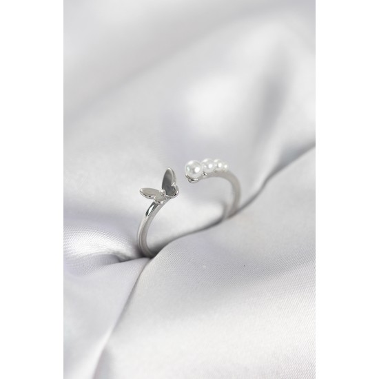 İncili Kelebek Model Gümüş Renk Pirinç Kadın Yüzük - TJ-BYK4120