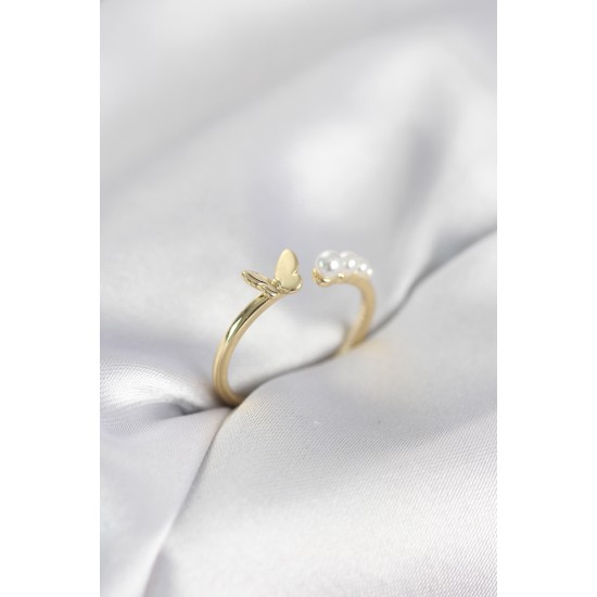 İncili Kelebek Model Gold Renk Pirinç Kadın Yüzük - TJ-BYK4121