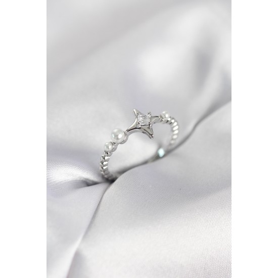 Minimal Kutup Yıldızı Model Zirkon Taşlı Gümüş Renk Kadın Yüzük - TJ-BYK4126