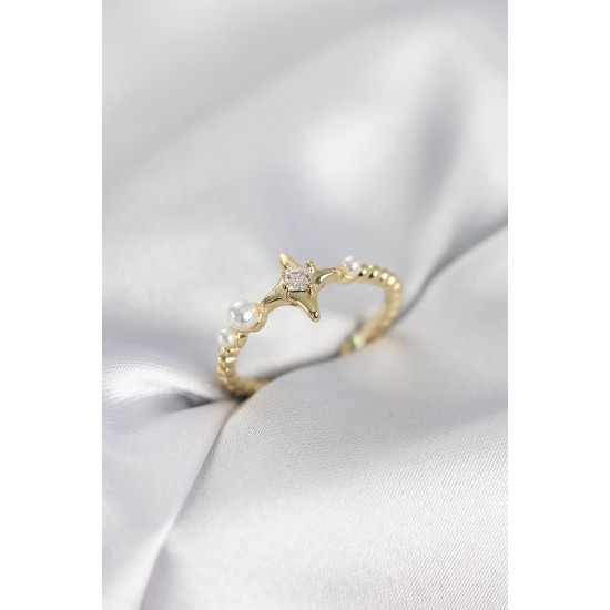 Minimal Kutup Yıldızı Model Zirkon Taşlı Gold Renk Kadın Yüzük - TJ-BYK4127