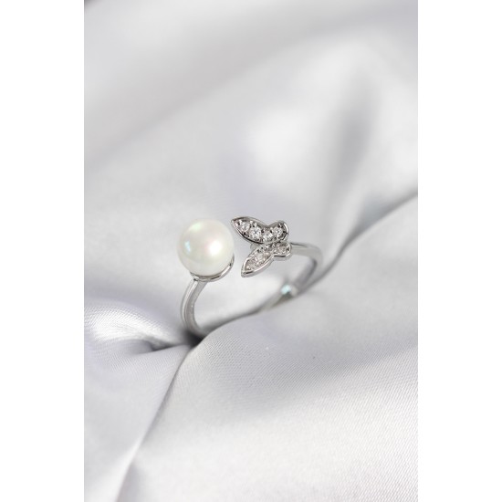 Kelebek İncili Model Gümüş Renk Zirkon Taşlı Kadın Yüzük - TJ-BYK4130