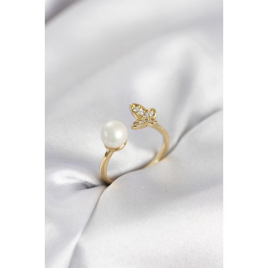 Kelebek İncili Model Gold Renk Zirkon Taşlı Kadın Yüzük - TJ-BYK4131