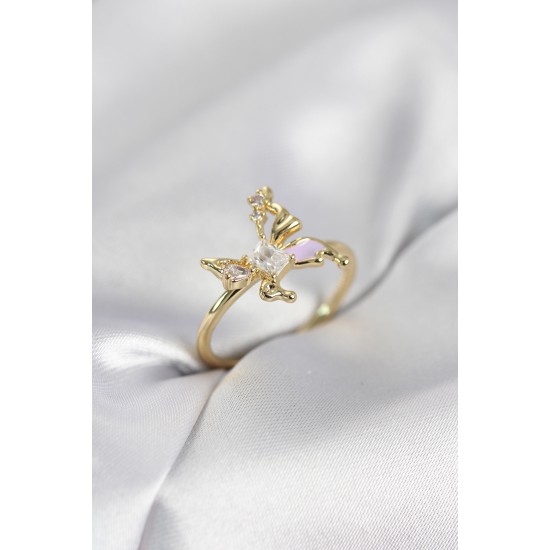 Gold Renk Kelebek Model Zirkon Taşlı Kadın Yüzük - TJ-BYK4139