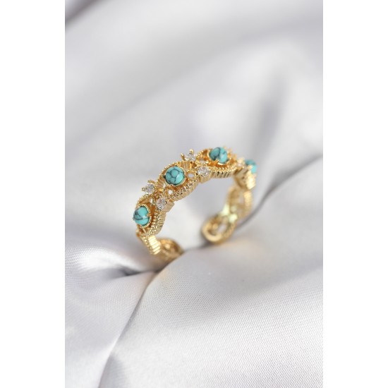 Mavi Taşlı Gold Renk Vintage Kadın Yüzük - TJ-BYK4141