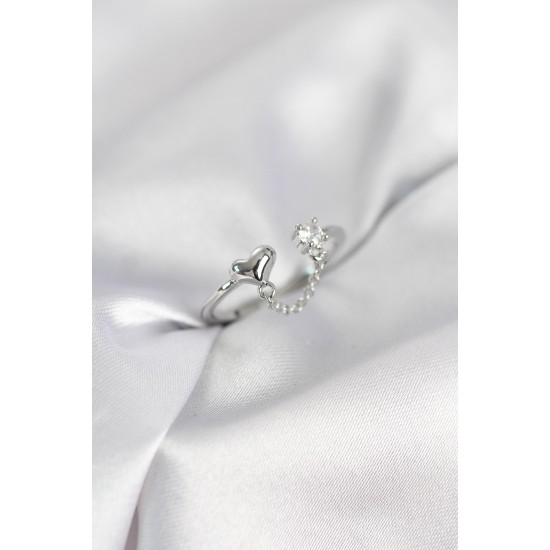 Zincir Sallantılı Kalp Model Gümüş Renk Kadın Yüzük - TJ-BYK4142