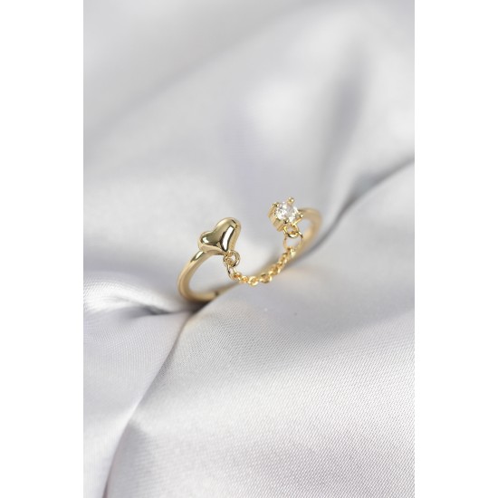 Zincir Sallantılı Kalp Model Gold Renk Kadın Yüzük - TJ-BYK4143