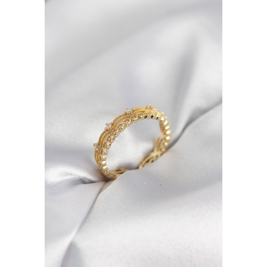 Gold Renk Motif Desenli Zirkon Taşlı Kadın Yüzük - TJ-BYK4145