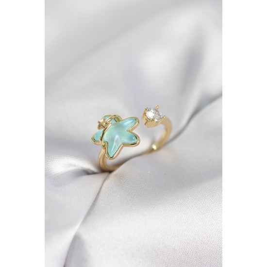 Gold Renk Turkuaz Yıldız Model Kadın Yüzük - TJ-BYK4147