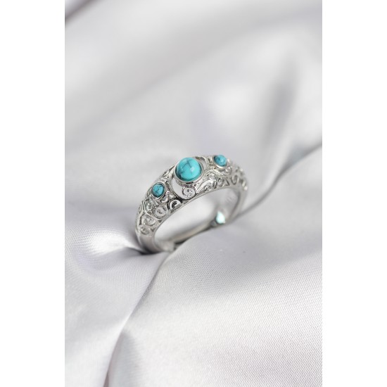 Vintage Model Mavi Taşlı Gümüş Renk Kadın Yüzük - TJ-BYK4148