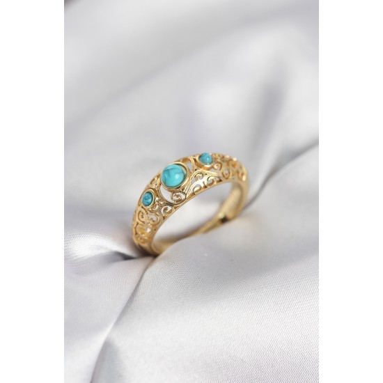 Vintage Model Mavi Taşlı Gold Renk Kadın Yüzük - TJ-BYK4149
