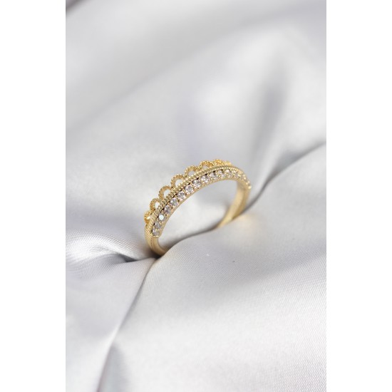 Motif Desenli Gold Renk Zirkon Taşlı Kadın Yüzük - TJ-BYK4151