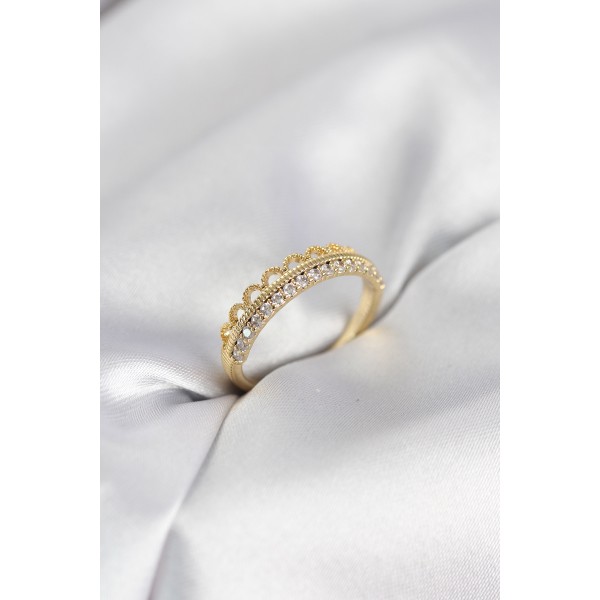 Motif Desenli Gold Renk Zirkon Taşlı Kadın Yüzük - TJ-BYK4151