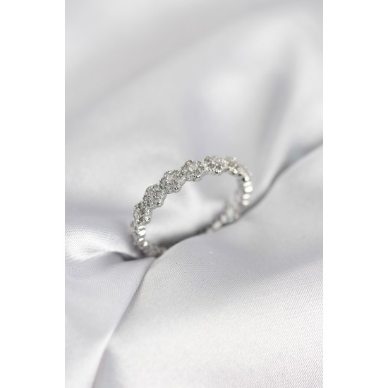 Sıralı Çiçek Model Gümüş Renk Zirkon Taşlı Kadın Yüzük - TJ-BYK4156