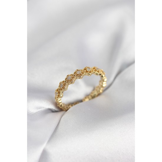 Sıralı Çiçek Model Gold Renk Zirkon Taşlı Kadın Yüzük - TJ-BYK4157