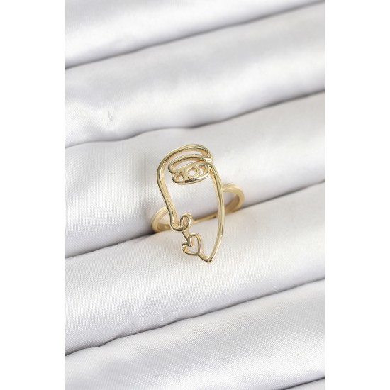 Pirinç Gold Renk Picasso Tarzı Tek Çizgi Yüz Model Kadın Yüzük - TJ-BYK4158