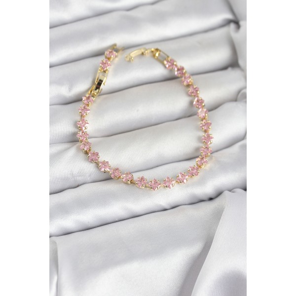 Pembe Kare Zirkon Taşlı Gold Renk Pirinç Su Yolu Kadın Bileklik - TJ-BB8324