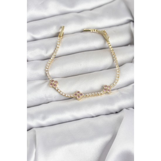 Pembe Yonca Detaylı Zirkon Taşlı Gold Renk Pirinç Su Yolu Kadın Bileklik - TJ-BB8327