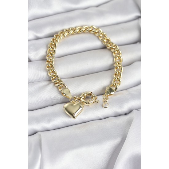 Kalp Detaylı Gold Renk Pirinç Kadın Bileklik - TJ-BB8328