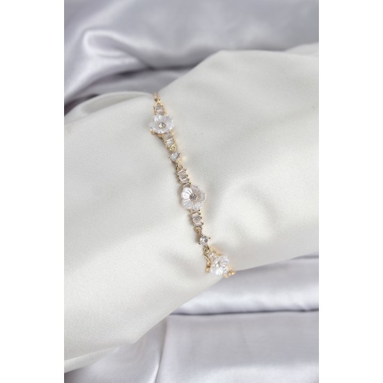 Baget Zirkon Taşlı Çiçek Model Gold Renk Asansörlü Kadın Bileklik - TJ-BB8330