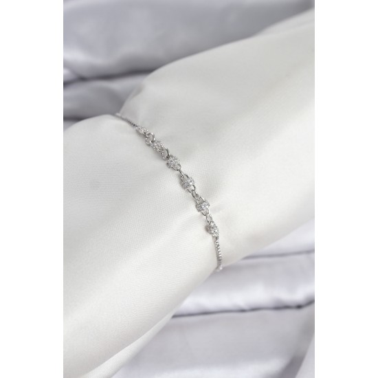 Gümüş Renk Zincir Model Zirkon Taşlı Pirinç Asansörlü Kadın Bileklik - TJ-BB8331