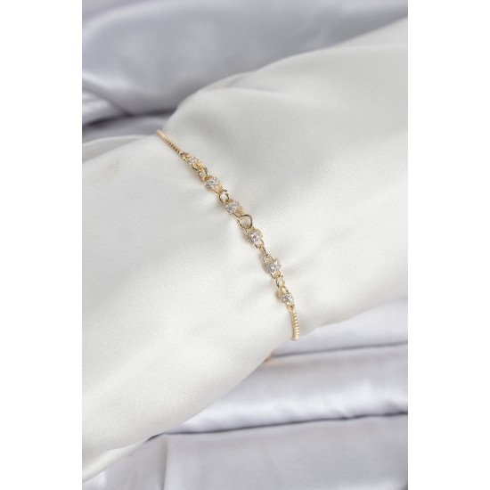 Gold Renk Zincir Model Zirkon Taşlı Pirinç Asansörlü Kadın Bileklik - TJ-BB8332
