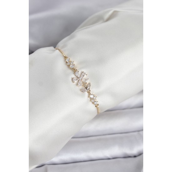 Gold Renk Zirkon Taşlı Papatya Model Asansörlü Kadın Bileklik - TJ-BB8334