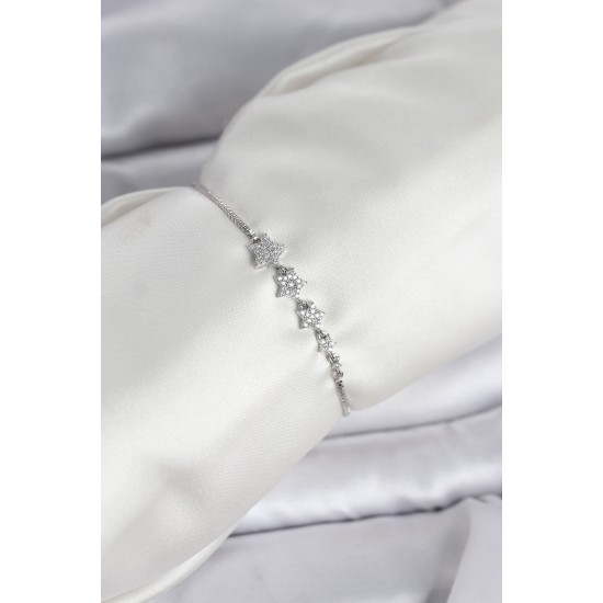 Gümüş Renk Zirkon Taşlı Yıldız Model Asansörlü Kadın Bileklik - TJ-BB8335