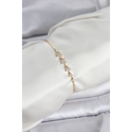 Gold Renk Zirkon Taşlı Yıldız Model Asansörlü Kadın Bileklik - TJ-BB8336