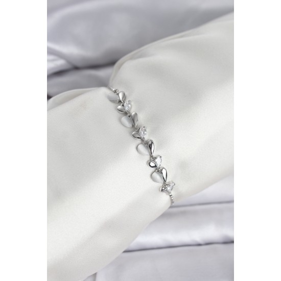 Gümüş Renk Zirkon Taşlı Sıralı Damla Model Asansörlü Kadın Bileklik - TJ-BB8337