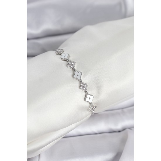 Gümüş Renk Zirkon Taşlı Sıralı Yonca Model Asansörlü Kadın Bileklik - TJ-BB8339