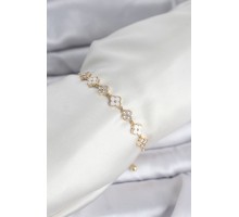 Gold Renk Zirkon Taşlı Sıralı Yonca Model Asansörlü Kadın Bileklik - TJ-BB8340