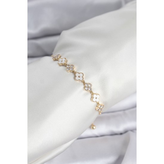 Gold Renk Zirkon Taşlı Sıralı Yonca Model Asansörlü Kadın Bileklik - TJ-BB8340