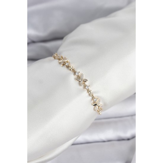 Gold Renk Yonca Model Zirkon Taşlı Asansörlü Kadın Bileklik - TJ-BB8341