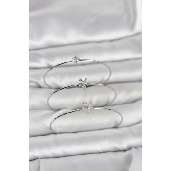 Gümüş Renk Zirkon Taşlı Pirinç 3'lü Kadın Bileklik Kombini - TJ-BB8342