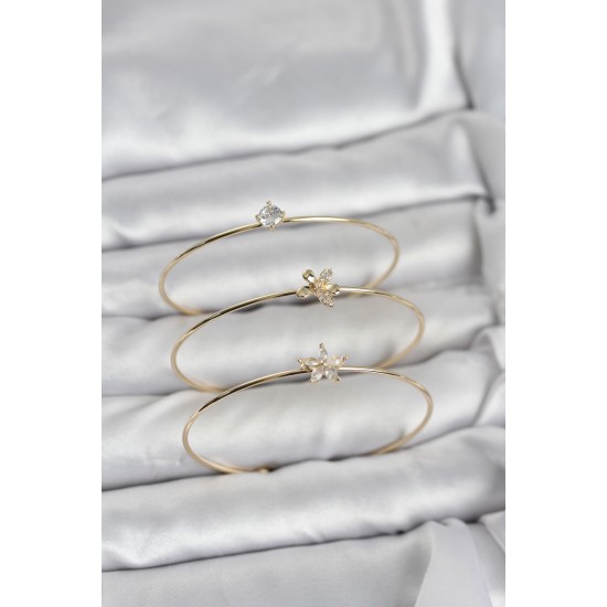 Gold Renk Zirkon Taşlı Pirinç 3'lü Kadın Bileklik Kombini - TJ-BB8343