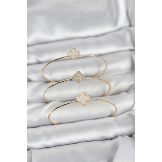 Gold Renk Yonca Model Zirkon Taşlı 3'lü Kadın Bileklik Kombini - TJ-BB8345