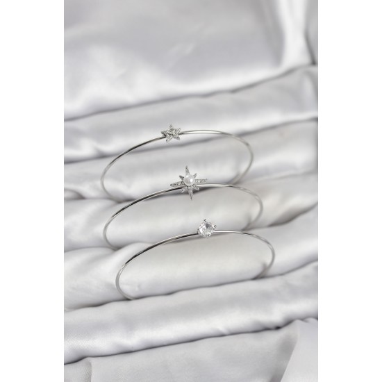 Gümüş Renk Kutup Yıldızı Model Zirkon Taşlı 3'lü Kadın Bileklik Kombini - TJ-BB8346