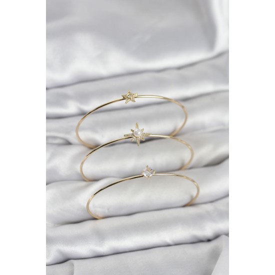 Gold Renk Kutup Yıldızı Model Zirkon Taşlı 3'lü Kadın Bileklik Kombini - TJ-BB8347