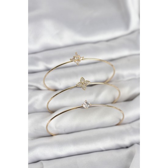 Zirkon Taşlı Gold Renk Yonca Model 3'lü Kadın Bileklik Kombini - TJ-BB8349