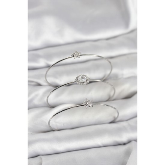 Zirkon Taşlı Gümüş Renk Tek Taş Model 3'lü Kadın Bileklik Kombini - TJ-BB8350