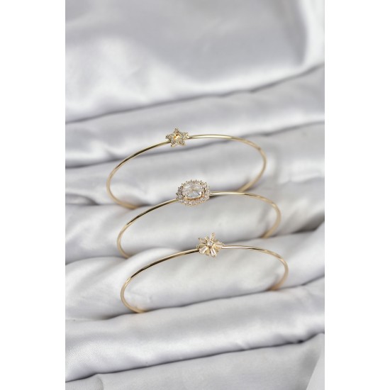 Zirkon Taşlı Gold Renk Tek Taş Model 3'lü Kadın Bileklik Kombini - TJ-BB8351