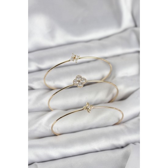 Zirkon Taşlı Gold Renk Yonca Tasarım 3'lü Kadın Bileklik Kombini - TJ-BB8353