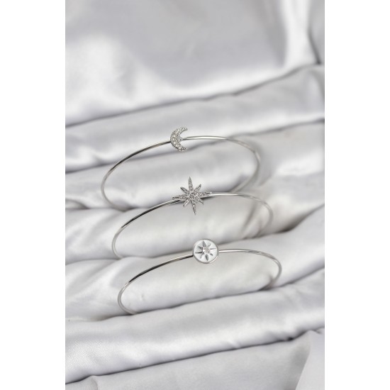 Gümüş Renk Zirkon Taşlı Kutup Yıldızı Model 3'lü Kadın Bileklik Kombini - TJ-BB8354