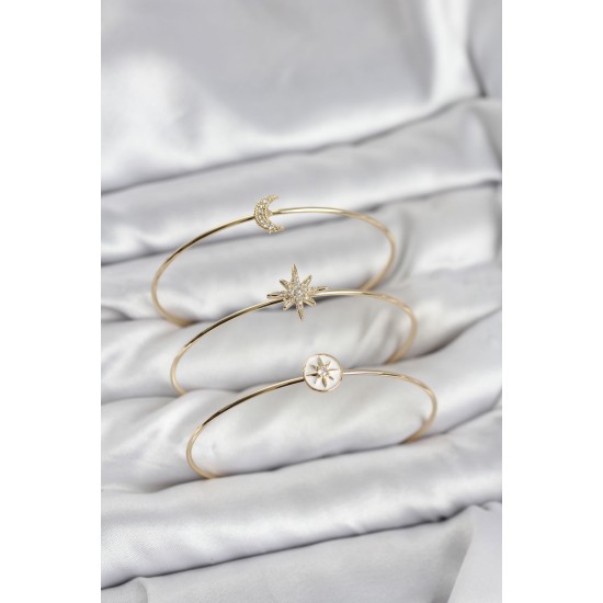 Gold Renk Zirkon Taşlı Kutup Yıldızı Model 3'lü Kadın Bileklik Kombini - TJ-BB8355