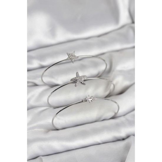 Gümüş Renk Zirkon Taşlı Deniz Yıldızı Model 3'lü Kadın Bileklik Kombini - TJ-BB8356